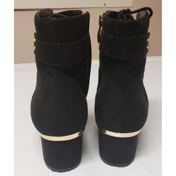 Liz Claiborne Black Faux Suede Lace-Up Ankle Boots Gold Hardware Size 9 PO Good - Picture 10 of 15